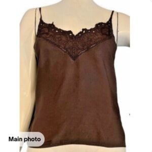 H&M Sz 6 Camisole Top Spaghetti Straps Eyelet Lace V Neck Brown 181E